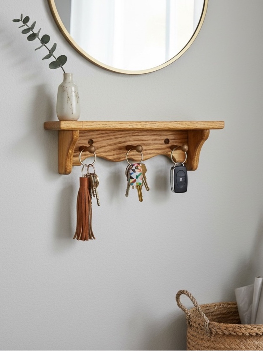 Wall-Mounted Oak Shelf with Hooks Pegs Entryway Keys Jewelry 10”